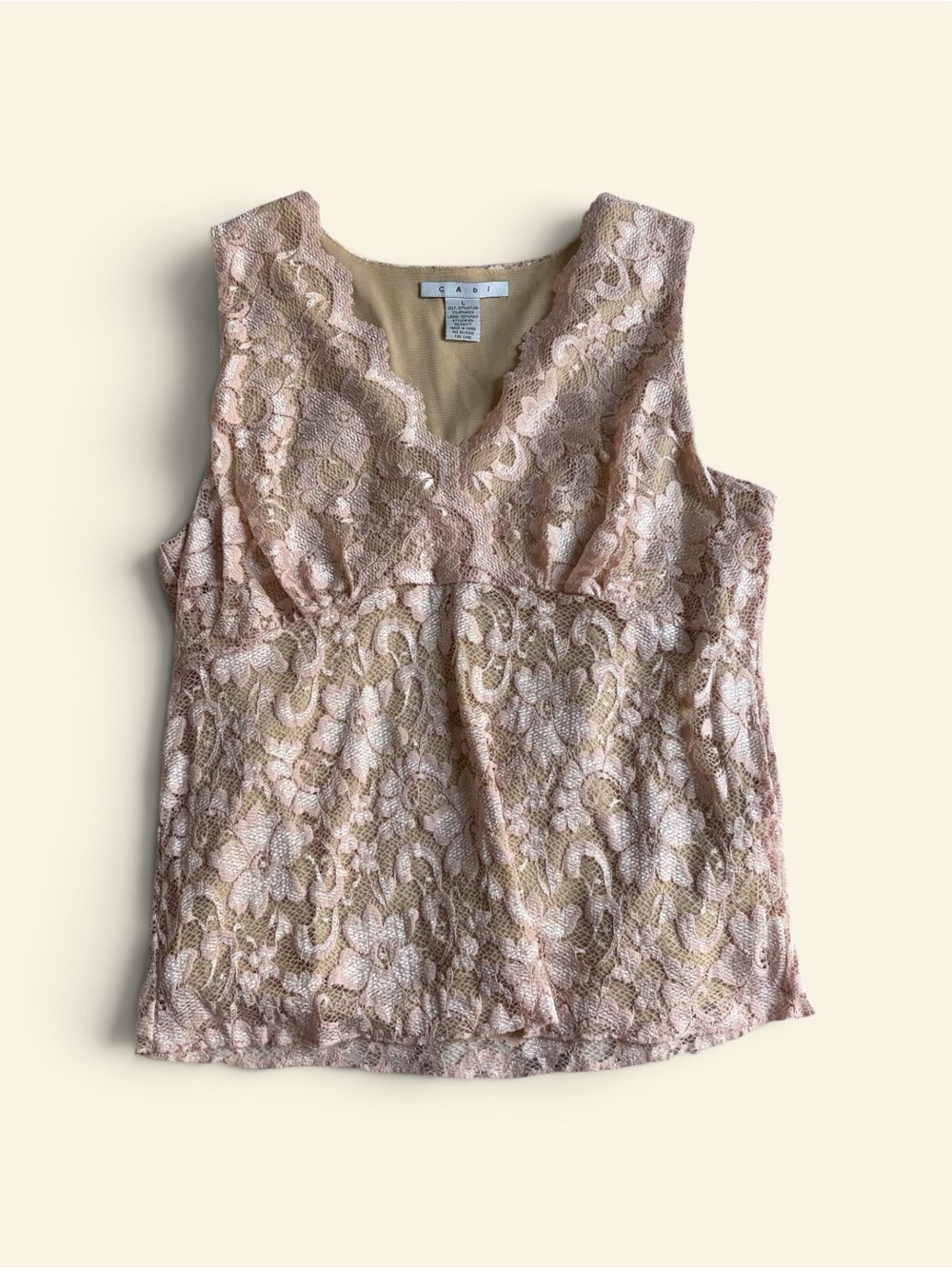 Vintage Y2K Cabi Pink Floral Lace Tank Top Empire Waist V-Neck Romantic Large